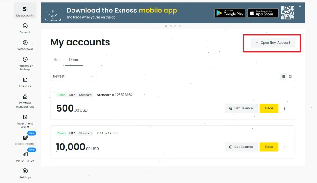 exness open new account